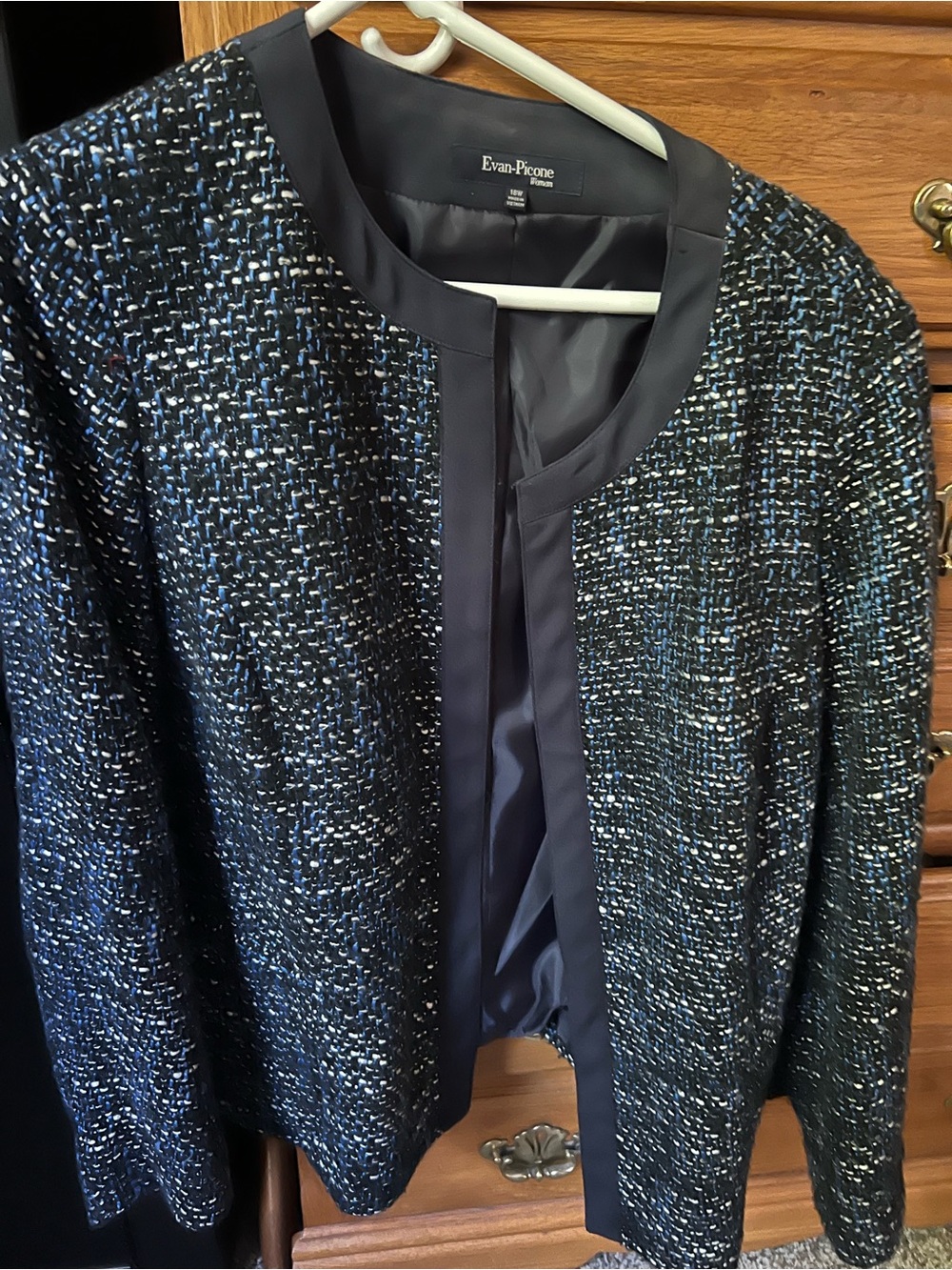 Evan Picone Navy and Blue Tweed Open-Front Jacket